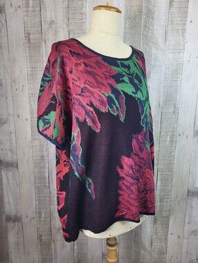 Peruvian Connection Floral Print Knit Tunic Top - Navy with Pink & Green